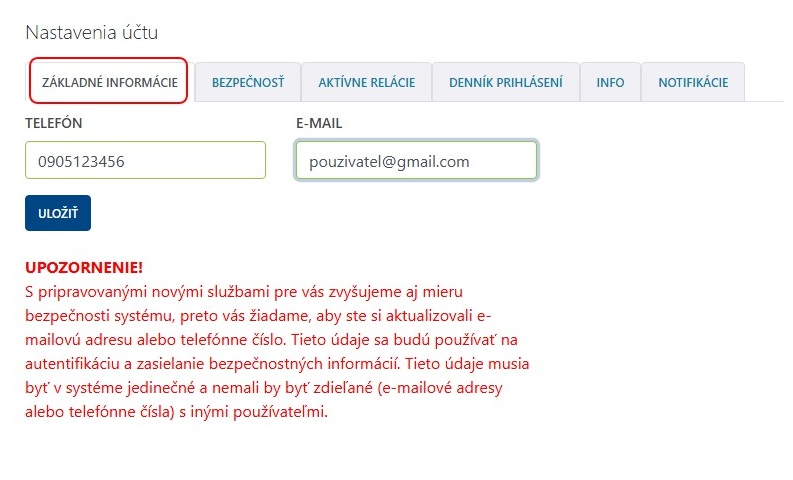 Nastavenia“ a „Základné informácie“: 