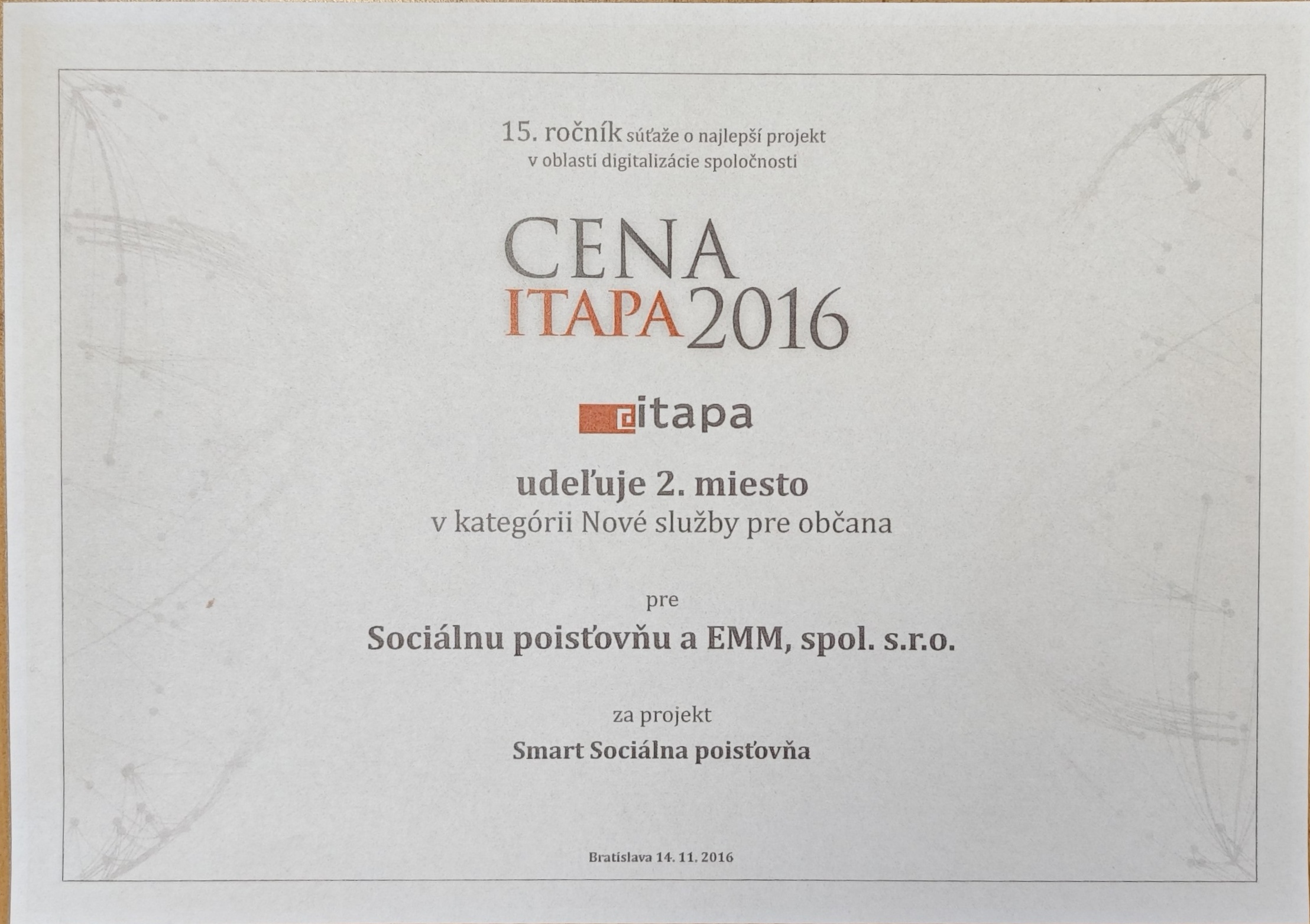 strieborné ocenenie na konferencii ITAPA v roku 2016.