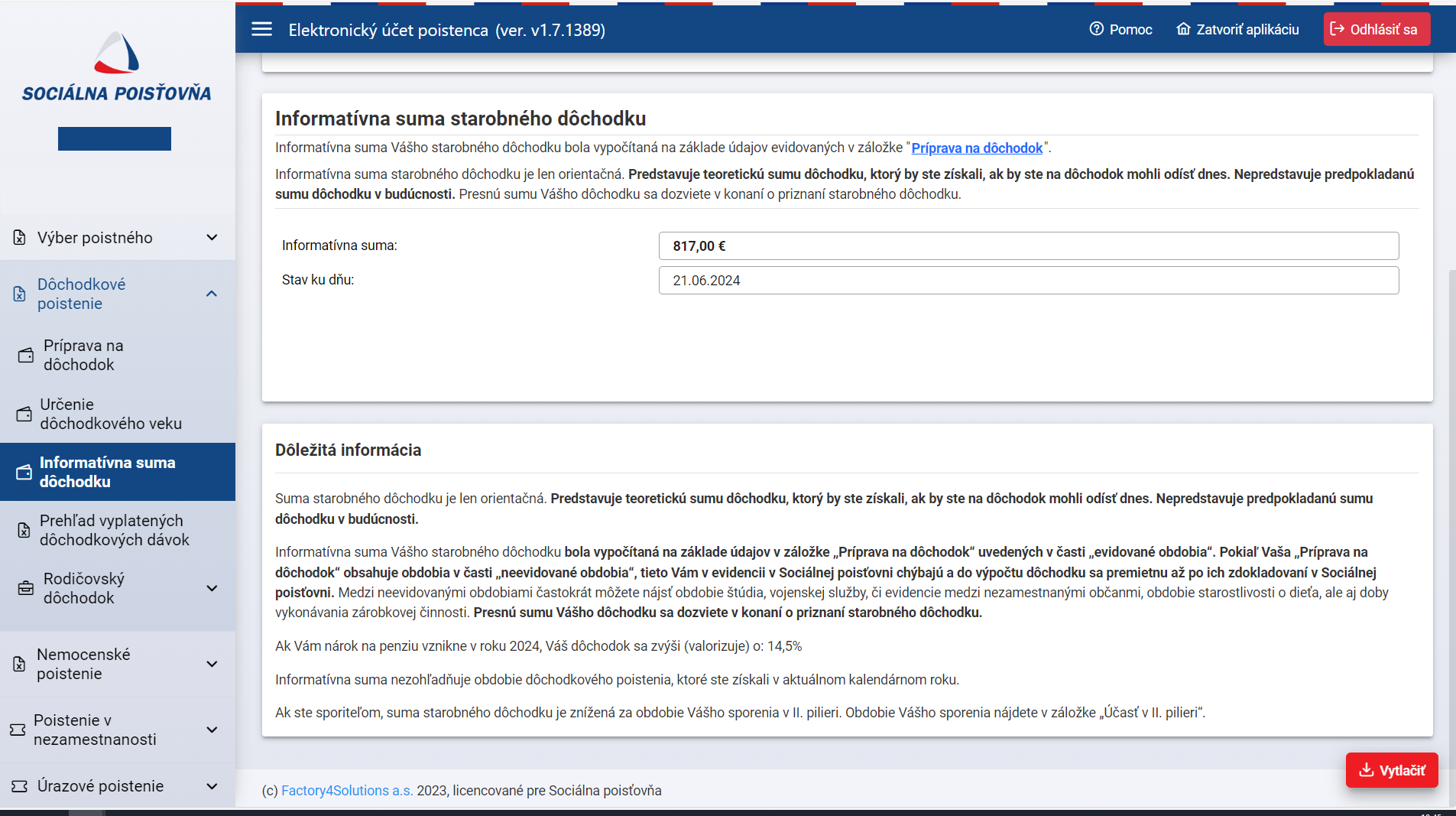 EUP - informativna suma dôchodku