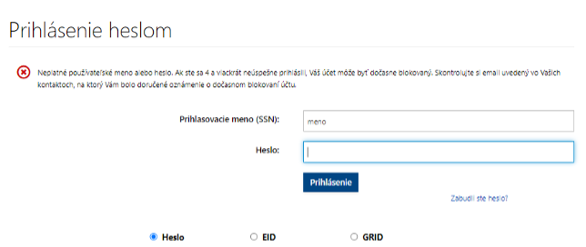 Nesprávne prihlásenie