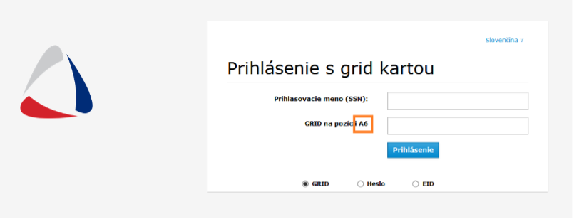Zadanie prihlasovacieho identifikátora SSN a jedinečného kódu z GRID karty.